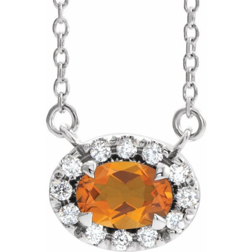 Golden Citrine Necklace in 14 Karat White Gold 5x3 mm Oval Citrine and .05 Carat Diamond 18 inch Necklace