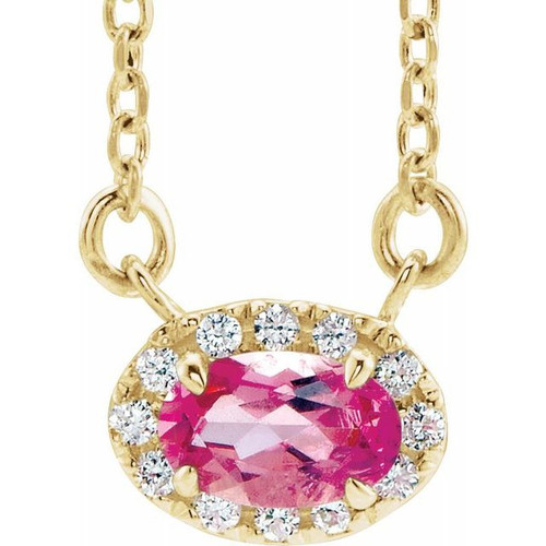 Pink Tourmaline Necklace in 14 Karat Yellow Gold 5x3 mm Oval Pink Tourmaline & .05 Carat Diamond 18" Necklace