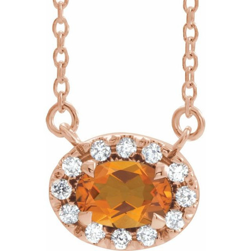 Golden Citrine Necklace in 14 Karat Rose Gold 5x3 mm Oval Citrine and .05 Carat Diamond 16 inch Necklace