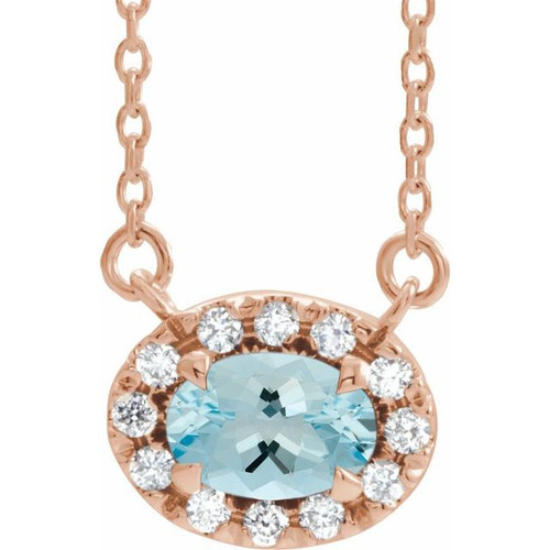 14 Karat Rose Gold 5x3 mm Oval Aquamarine Gem and .05 Carat Diamond 18 inch Necklace