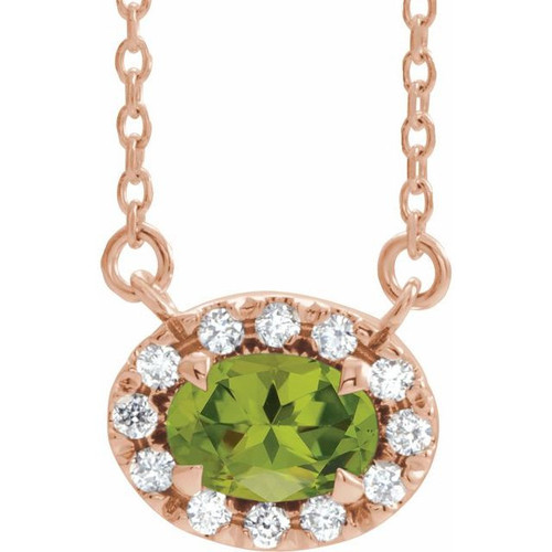 Genuine Peridot Necklace in 14 Karat Rose Gold 5x3 mm Oval Peridot and .05 Carat Diamond 18 inch Necklace