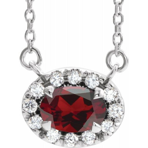 Red Garnet Necklace in 14 Karat White Gold 6x4 mm Oval Mozambique Garnet and 0.10 Carat Diamond 18 inch Necklace