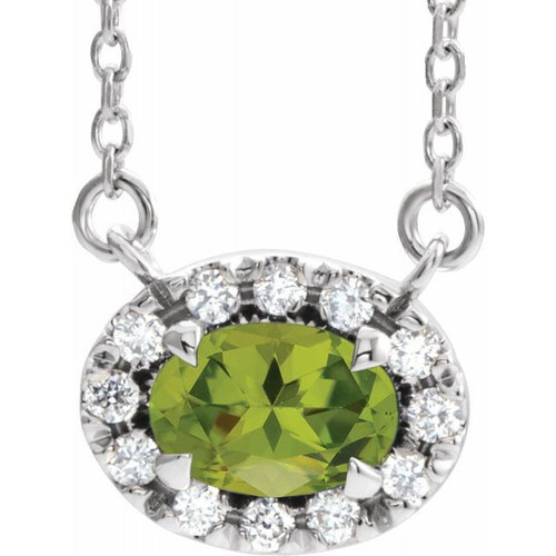 Genuine Peridot Necklace in 14 Karat White Gold 6x4 mm Oval Peridot and 0.10 Carat Diamond 18 inch Necklace