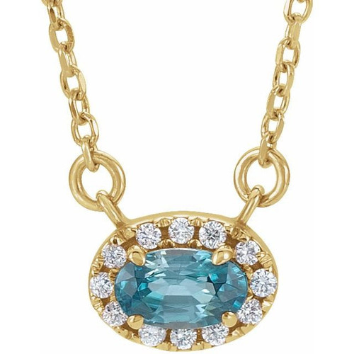 Genuine Zircon Necklace in 14 Karat Yellow Gold 6x4 mm Oval Genuine Zircon and 0.10 Carat Diamond 16 inch Necklace