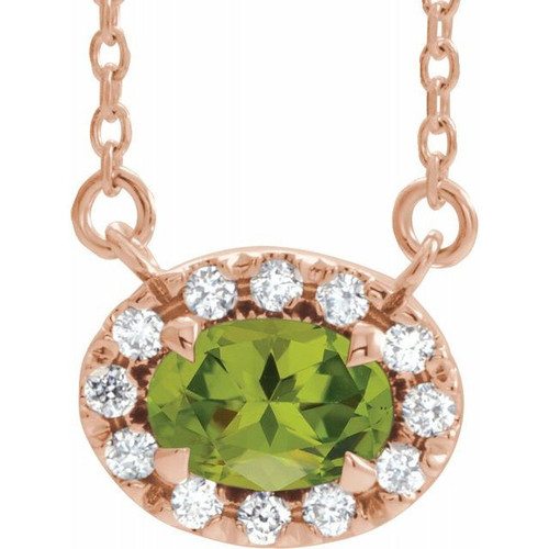Genuine Peridot Necklace in 14 Karat Rose Gold 6x4 mm Oval Peridot and 0.10 Carat Diamond 18 inch Necklace