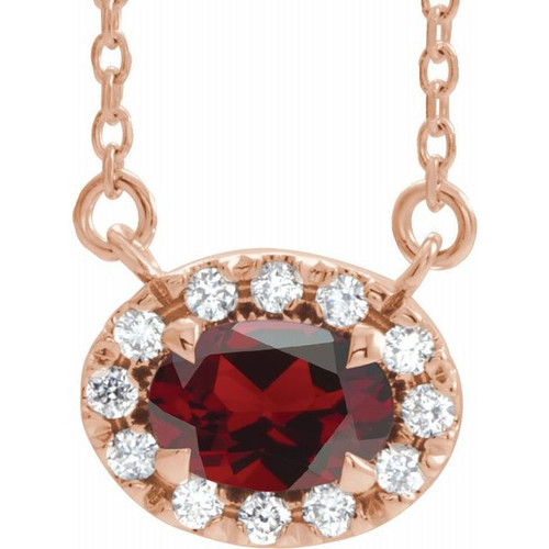 Red Garnet Necklace in 14 Karat Rose Gold 6x4 mm Oval Mozambique Garnet and 0.10 Carat Diamond 18 inch Necklace