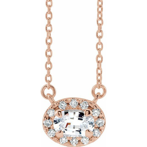 Sapphire Necklace in 14 Karat Rose Gold 6x4 mm Oval White Sapphire and 0.10 Carat Diamond 18 inch Necklace