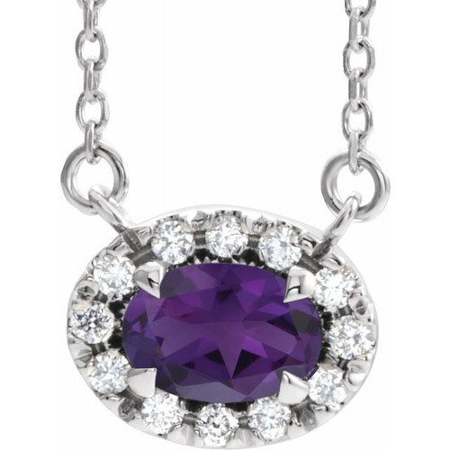 Amethyst Necklace in Platinum 6x4 mm Oval Amethyst and 0.10 Carat Diamond 16 inch Necklace