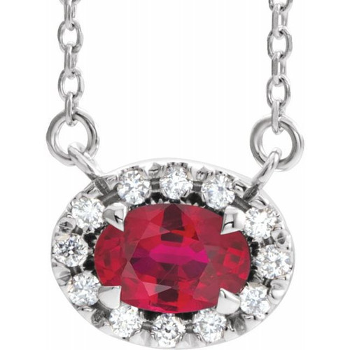 Ruby Necklace in Sterling Silver 6x4 mm Oval Ruby and 0.10 Carat Diamond 18 inch Necklace