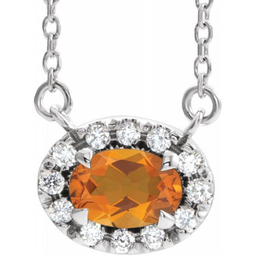 Golden Citrine Necklace in 14 Karat White Gold 7x5 mm Oval Citrine and 0.16 Carat Diamond 16 inch Necklace