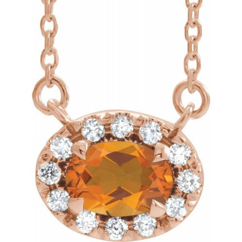 Golden Citrine Necklace in 14 Karat Rose Gold 7x5 mm Oval Citrine and 0.16 Carat Diamond 16 inch Necklace