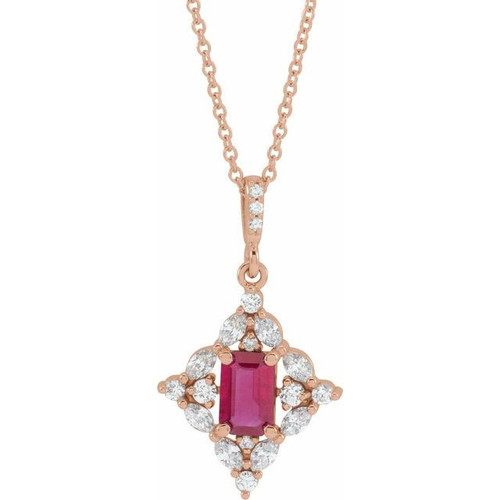 Ruby Necklace in 14 Karat Rose Gold Ruby and 0.37 Carat Diamond 16 inch Necklace