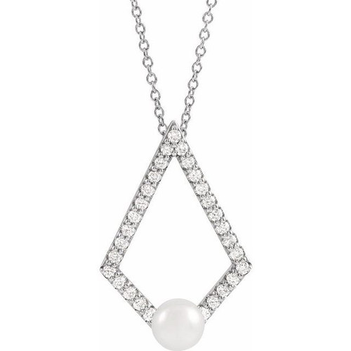 Real Cultured Freshwater Pearl Necklace in Sterling Silver Freshwater Cultured Pearl and 0.25 Carat Diamond Geometric 16 inch Necklace