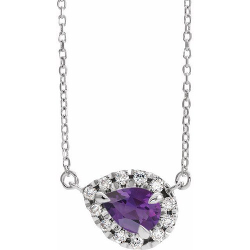 Amethyst Necklace in 14 Karat White Gold 5x3 mm Pear Amethyst and 0.12 Carat Diamond 16 inch Necklace