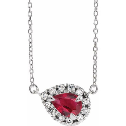 Ruby Necklace in 14 Karat White Gold 5x3 mm Pear Ruby and 0.12 Carat Diamond 18 inch Necklace