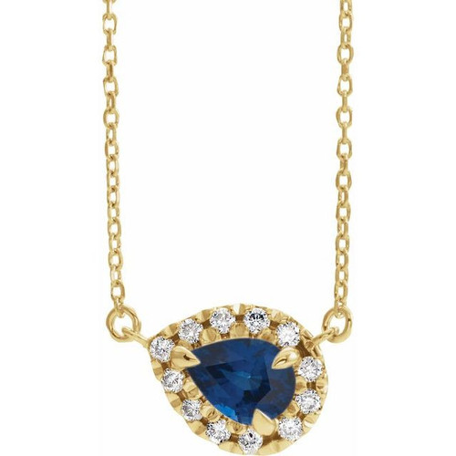 Sapphire Necklace in 14 Karat Yellow Gold 5x3 mm Pear Sapphire and 0.12 Carat Diamond 16 inch Necklace