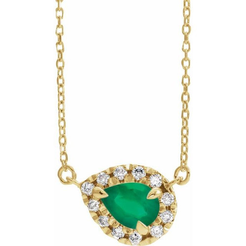 Emerald Necklace in 14 Karat Yellow Gold 5x3 mm Pear Emerald and 0.12 Carat Diamond 16 inch Necklace