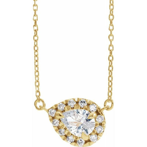 Sapphire Necklace in 14 Karat Yellow Gold 5x3 mm Pear White Sapphire and 0.12 Carat Diamond 16 inch Necklace