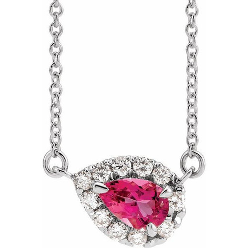 Pink Tourmaline Necklace in Sterling Silver 5x3 mm Pear Pink Tourmaline and 0.12 Carat Diamond 18 inch Necklace