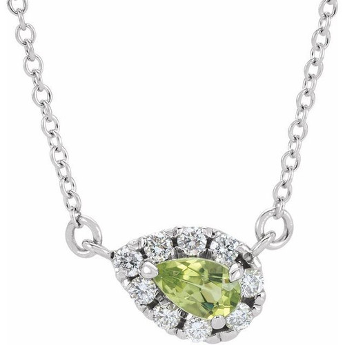 Genuine Peridot Necklace in 14 Karat White Gold 6x4 mm Pear Peridot and 0.16 Carat Diamond 18 inch Necklace
