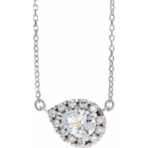 Sapphire Necklace in 14 Karat White Gold 6x4 mm Pear White Sapphire and 0.16 Carat Diamond 18 inch Necklace