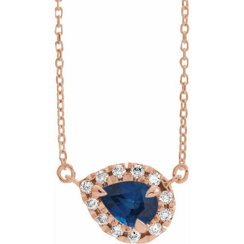 Sapphire Necklace in 14 Karat Rose Gold 6x4 mm Pear Sapphire and 0.16 Carat Diamond 16 inch Necklace