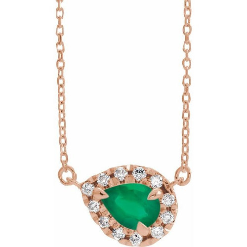 Emerald Necklace in 14 Karat Rose Gold 6x4 mm Pear Emerald and 0.16 Carat Diamond 16 inch Necklace