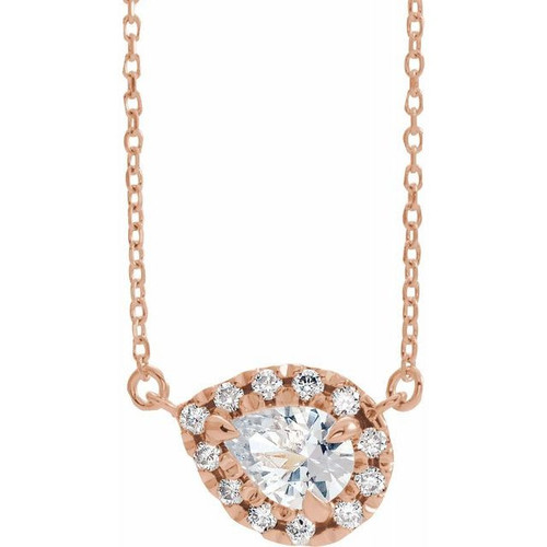 Sapphire Necklace in 14 Karat Rose Gold 6x4 mm Pear White Sapphire and 0.16 Carat Diamond 16 inch Necklace