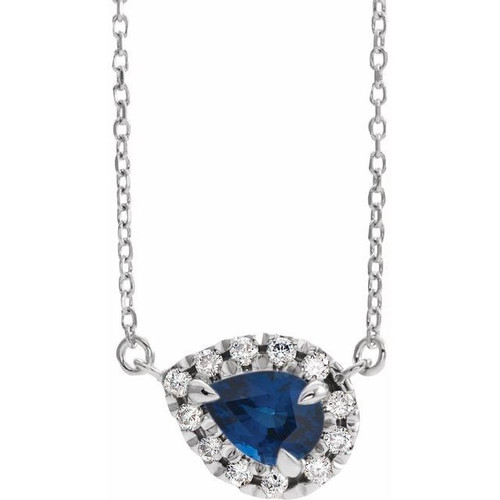 Sapphire Necklace in Platinum 6x4 mm Pear Sapphire and 0.16 Carat Diamond 16 inch Necklace