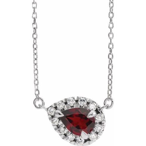 Red Garnet Necklace in Sterling Silver 6x4 mm Pear Mozambique Garnet and 0.16 Carat Diamond 16 inch Necklace