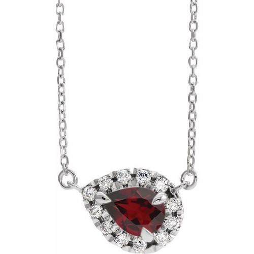 Red Garnet Necklace in 14 Karat White Gold 7x5 mm Pear Mozambique Garnet and 0.16 Carat Diamond 18 inch Necklace