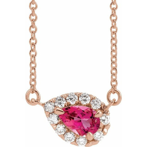 Pink Tourmaline Necklace in 14 Karat Rose Gold 7x5 mm Pear Pink Tourmaline and 0.16 Carat Diamond 18 inch Necklace