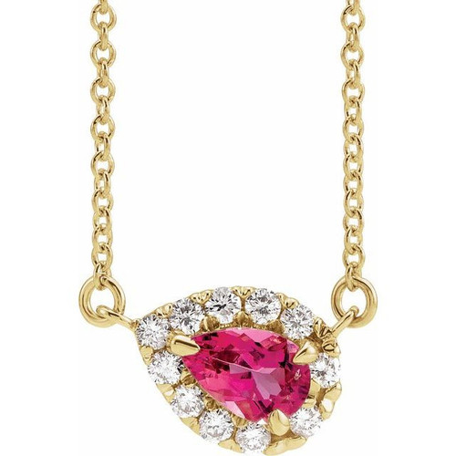 Pink Tourmaline Necklace in 14 Karat Yellow Gold 8x5 mm Pear Pink Tourmaline and 0.20 Carat Diamond 18 inch Necklace