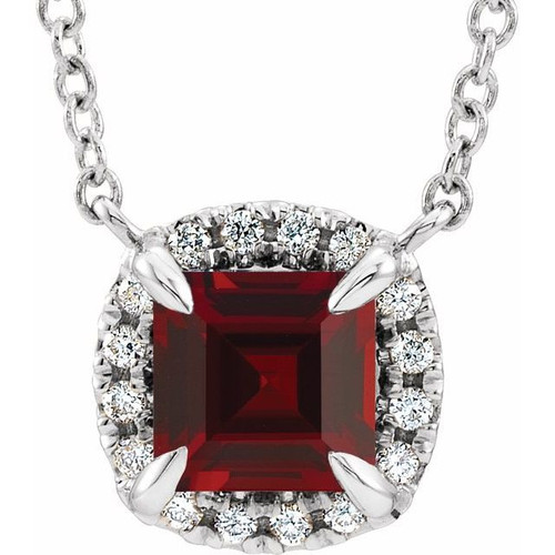 Red Garnet Necklace in 14 Karat White Gold 3x3 mm Square Mozambique Garnet and .05 Carat Diamond 16 inch Necklace