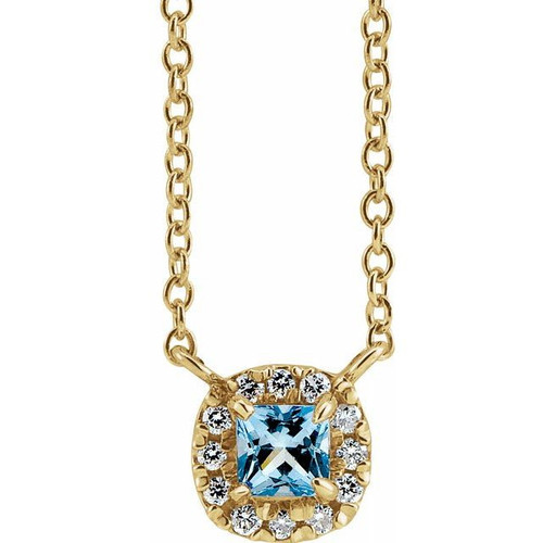 14 Karat Yellow Gold 3.0 mm Square Aquamarine Gem and .05 Carat Diamond 16 inch Necklace