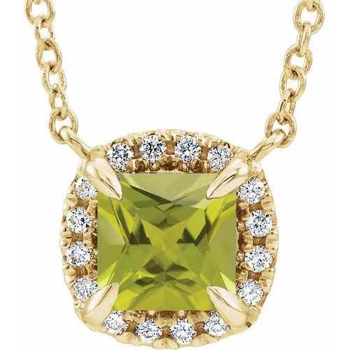 Genuine Peridot Necklace in 14 Karat Yellow Gold 3x3 mm Square Peridot and .05 Carat Diamond 18 inch Necklace