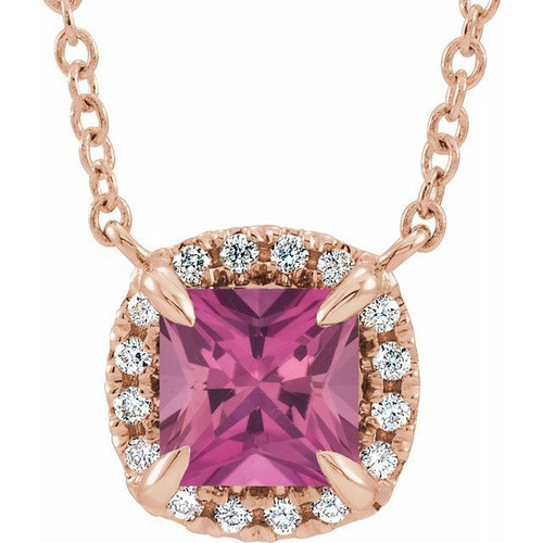 Pink Tourmaline Necklace in 14 Karat Rose Gold 3x3 mm Square Pink Tourmaline and .05 Carat Diamond 16 inch Necklace