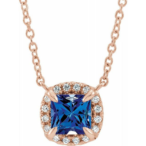 Sapphire Necklace in 14 Karat Rose Gold 3x3 mm Square Sapphire and .05 Carat Diamond 18 inch Necklace