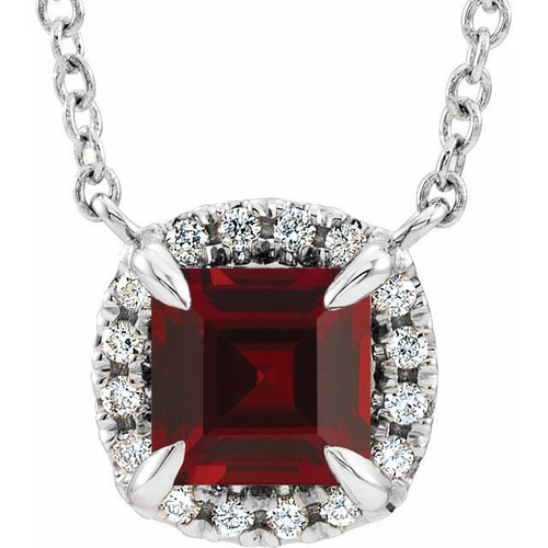 Red Garnet Necklace in Sterling Silver 3x3 mm Square Mozambique Garnet and .05 Carat Diamond 16 inch Necklace