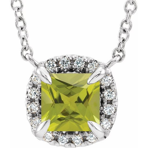 Genuine Peridot Necklace in 14 Karat White Gold 3.5x3.5 mm Square Peridot and .05 Carat Diamond 16 inch Necklace