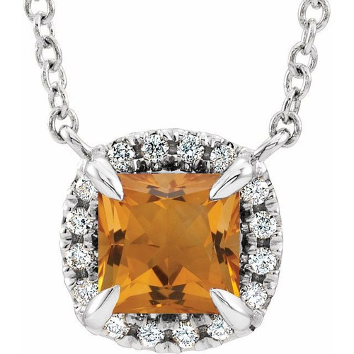 Golden Citrine Necklace in 14 Karat White Gold 3.5x3.5 mm Square Citrine and .05 Carat Diamond 18 inch Necklace