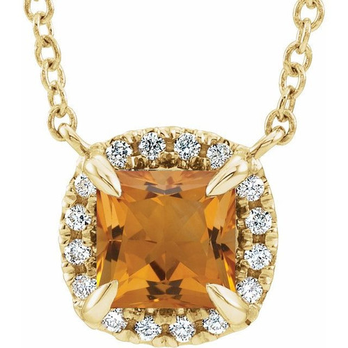 Golden Citrine Necklace in 14 Karat Yellow Gold 3.5x3.5 mm Square Citrine and .05 Carat Diamond 16 inch Necklace