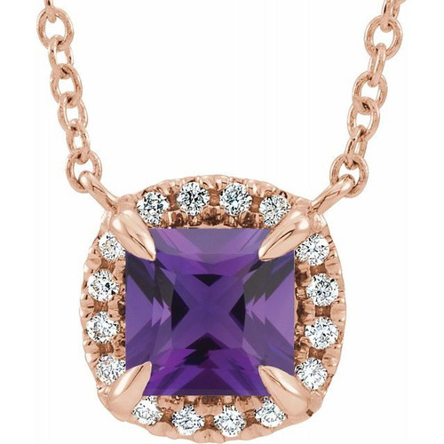 Amethyst Necklace in 14 Karat Rose Gold 3.5x3.5 mm Square Amethyst and .05 Carat Diamond 16 inch Necklace