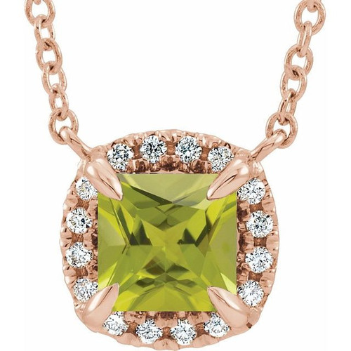 Genuine Peridot Necklace in 14 Karat Rose Gold 3.5x3.5 mm Square Peridot and .05 Carat Diamond 18 inch Necklace