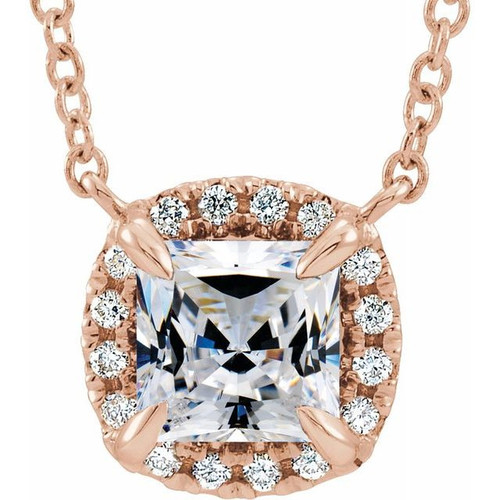 Genuine Sapphire Necklace in 14 Karat Rose Gold 4 mm Square Sapphire and .05 Carat Diamond 18 inch Necklace
