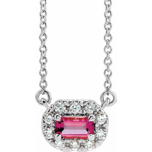 Pink Tourmaline Necklace in 14 Karat White Gold 5x3 mm Emerald Pink Tourmaline & 1/8 Carat Diamond 16" Necklace