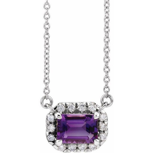 Amethyst Necklace in 14 Karat White Gold 5x3 mm Emerald Amethyst and 0.12 Carat Diamond 18 inch Necklace