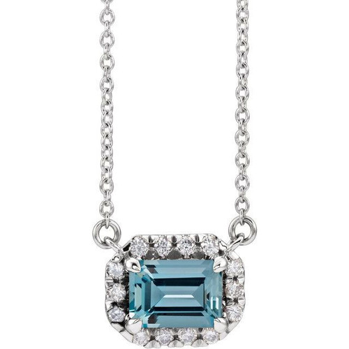 14 Karat White Gold 5x3 mm Emerald Aquamarine Gem and 0.12 Carat Diamond 18 inch Necklace