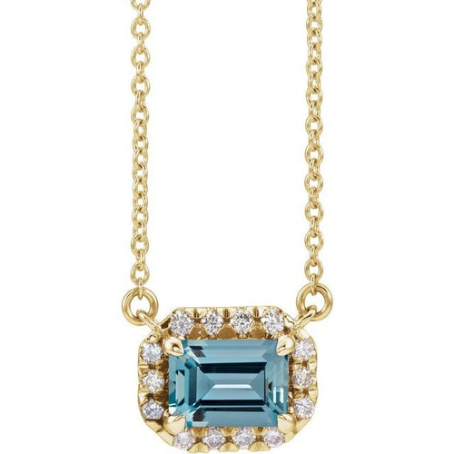 14 Karat Yellow Gold 5x3 mm Emerald Aquamarine Gem and 0.12 Carat Diamond 16 inch Necklace