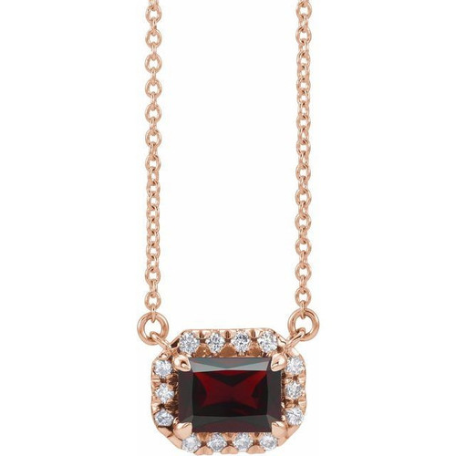 Red Garnet Necklace in 14 Karat Rose Gold 5x3 mm Emerald Mozambique Garnet and 0.12 Carat Diamond 16 inch Necklace